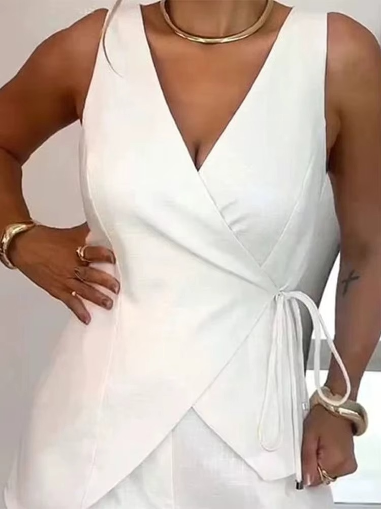 Conjunto de Shorts Helena Feminino Regata com Amarração e Shorts Casual de Verão