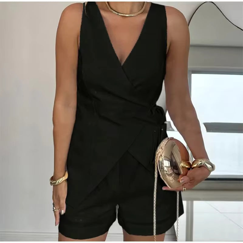 Conjunto de Shorts Helena Feminino Regata com Amarração e Shorts Casual de Verão