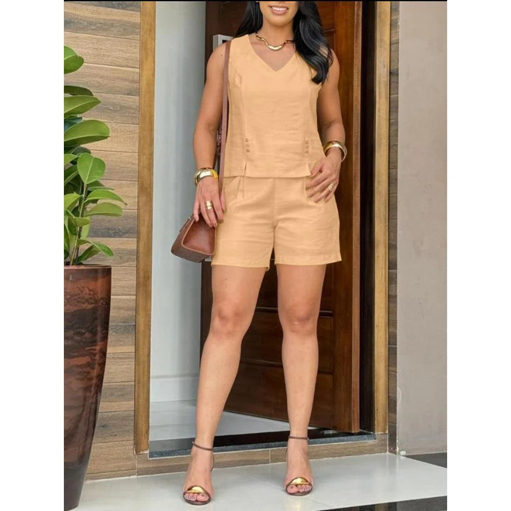 Conjunto de Shorts Beatriz Feminino Regata sem Mangas com Decote em V e Shorts de Cintura Alta