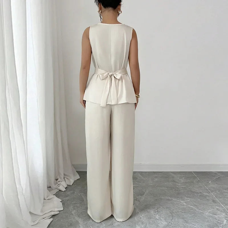 Conjunto de Calça Jade Blusa em Cetim com Calça Reta de Cintura Alta Elegância e Delicadeza