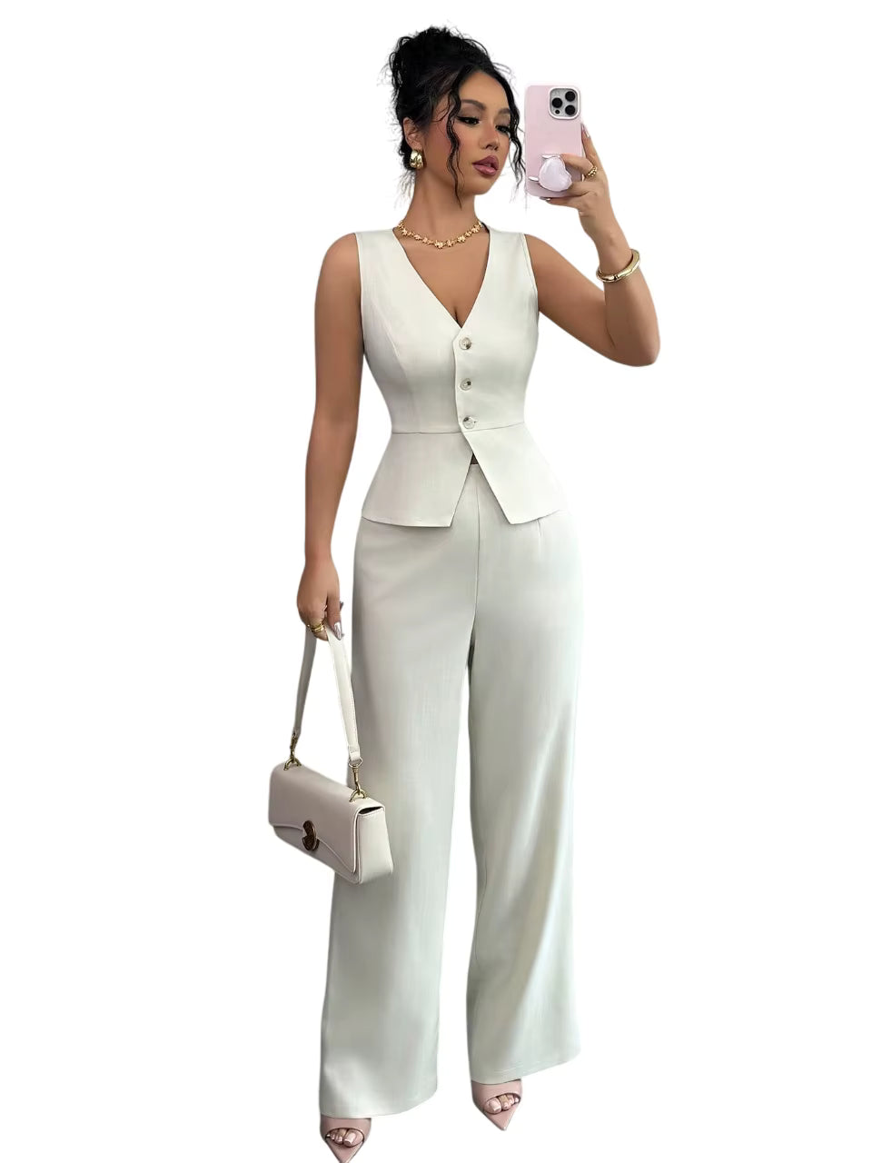 Conjunto de Calça Olivia Colete e Calça de Cintura Alta com Estilo e Conforto