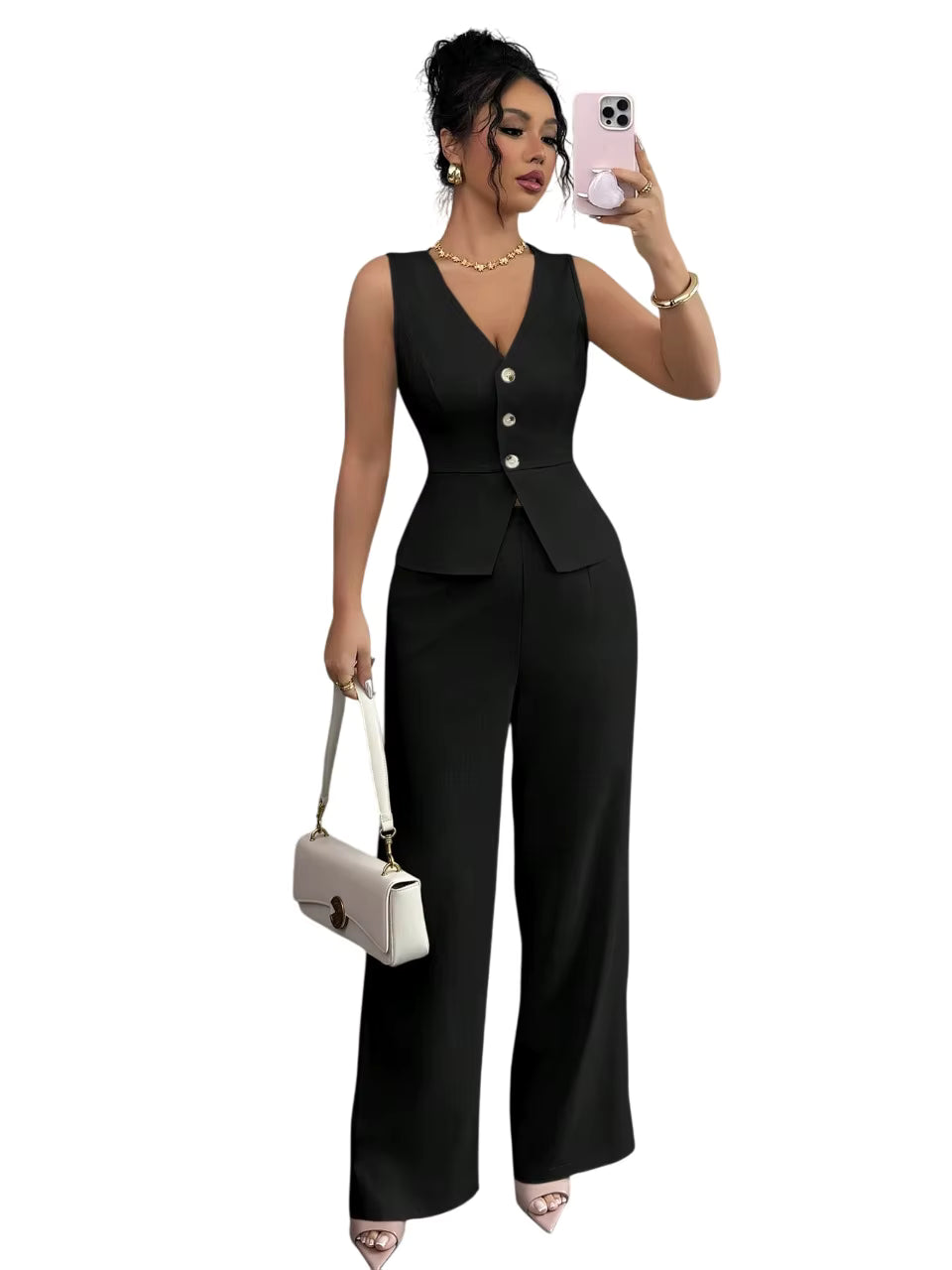 Conjunto de Calça Olivia Colete e Calça de Cintura Alta com Estilo e Conforto