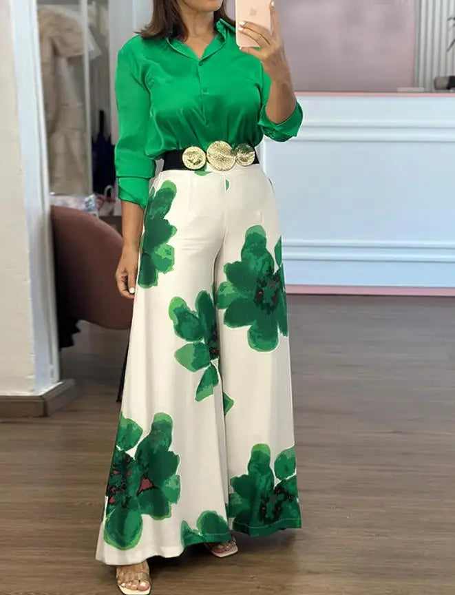 Conjunto de Calça Serena Camisa em Cetim com Calça Floral de Cintura Alta Elegância com Toque Moderno