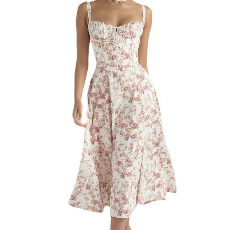 Vestido Midi Magnólia Corset com Decote Franzido e Saia Ampla – Elegância Atemporal