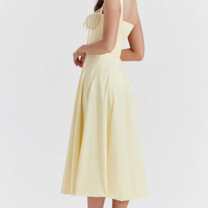 Vestido Midi Magnólia Corset com Decote Franzido e Saia Ampla – Elegância Atemporal