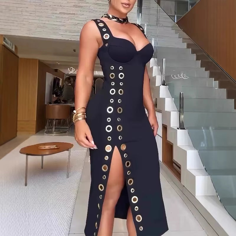 Vestido Midi Thalia Midi com Ilhós Dourados o Encontro Perfeito entre Desejo e Sofisticação