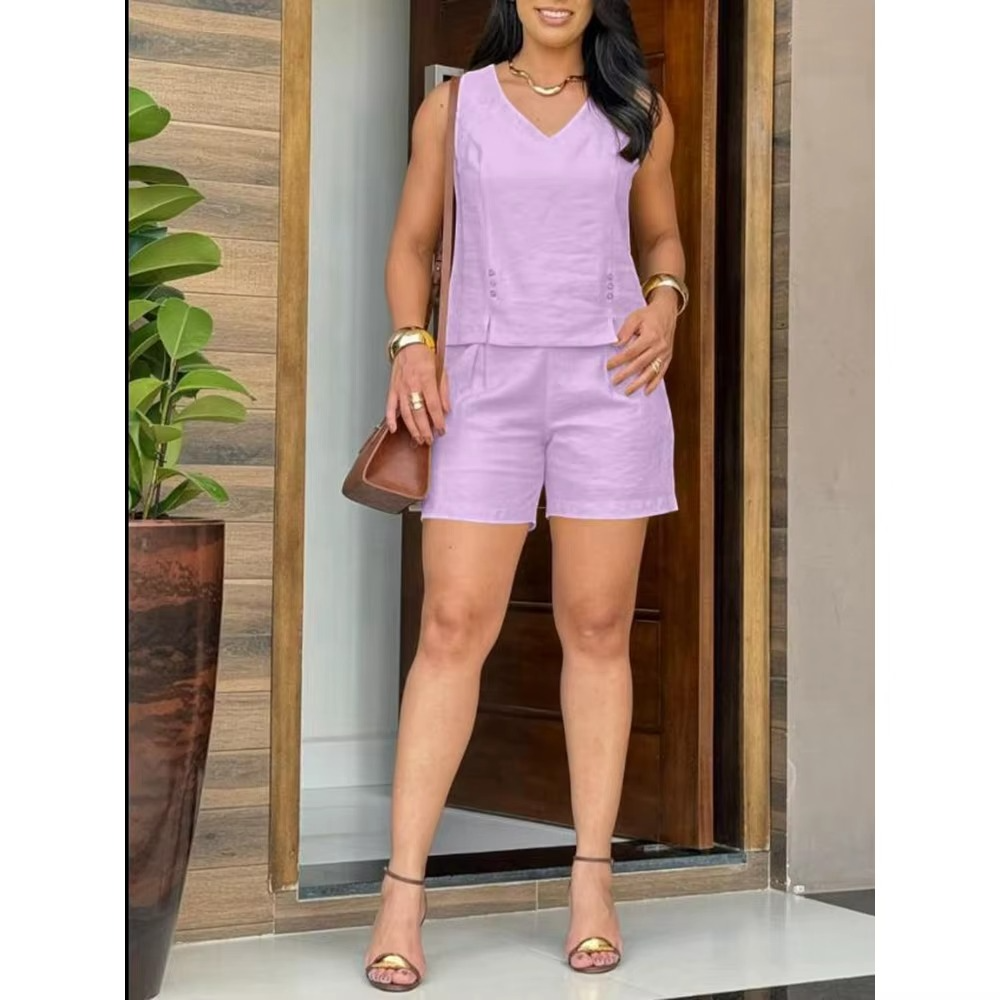 Conjunto de Shorts Beatriz Feminino Regata sem Mangas com Decote em V e Shorts de Cintura Alta