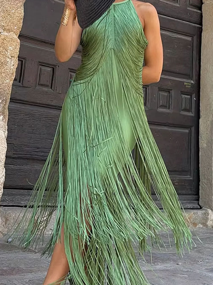 Vestido Longo Maitê o Movimento do Luxo em Cada Franja