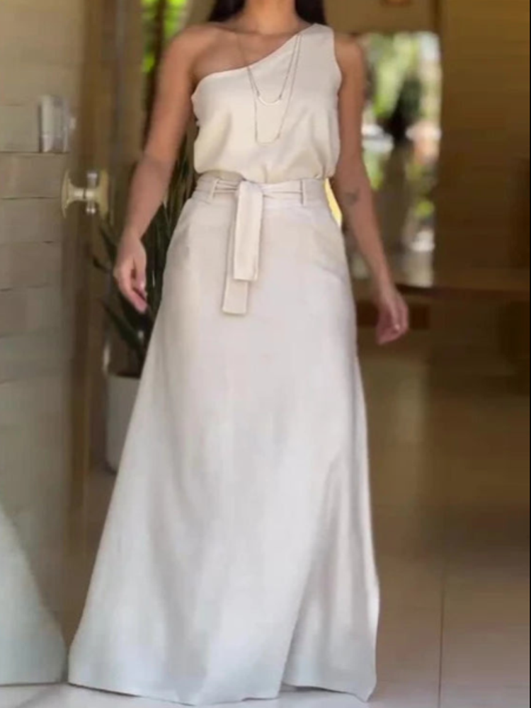 Conjunto de Saia Rafaella Feminino com Saia Longa e Blusa de Um Ombro Só com Cinto Elegante