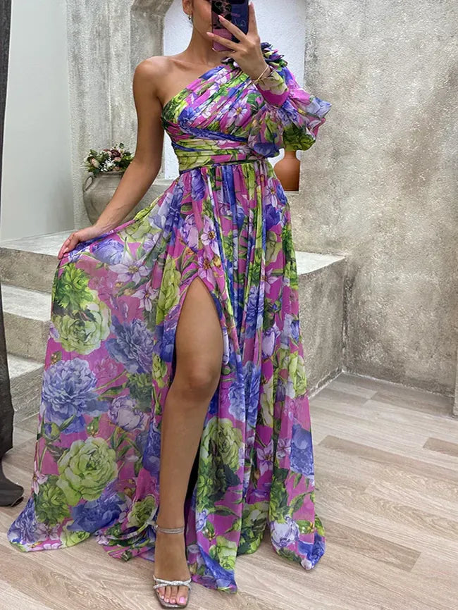 Vestido Longo Grazi - Estampado de Um Ombro Só com Fenda Lateral Elegância e Movimento