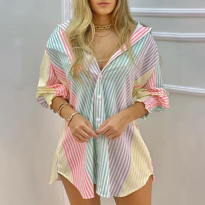 Vestido Chamise Dáfine - Camisa Alongada Listrada em Tons Suaves – Conforto e Estilo Casual Chic
