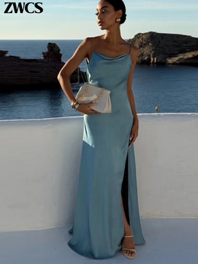 Vestido Longo Mirela Elegância Fluida à Beira do Luxo