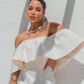 Vestido Midi Ivanna - Off-Shoulder Branco – Estilo e Conforto em Cada Detalhe