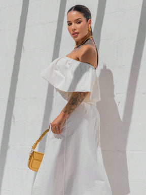 Vestido Midi Ivanna - Off-Shoulder Branco – Estilo e Conforto em Cada Detalhe