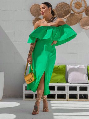 Vestido Midi Ivanna - Off-Shoulder Branco – Estilo e Conforto em Cada Detalhe