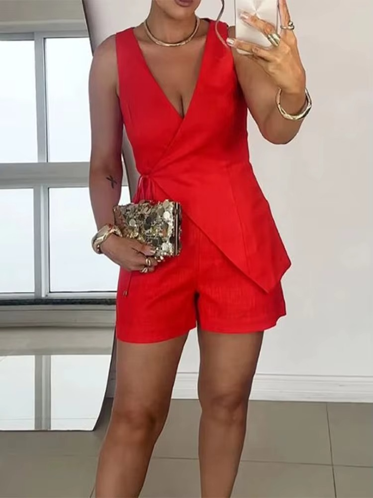 Conjunto de Shorts Helena Feminino Regata com Amarração e Shorts Casual de Verão