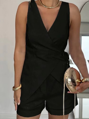 Conjunto de Shorts Helena Feminino Regata com Amarração e Shorts Casual de Verão