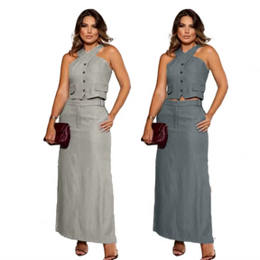 Conjunto de Saia Camille Feminino Colete Halter com Saia Longa de Fenda Lateral Elegância e Modernidade em Sintonia
