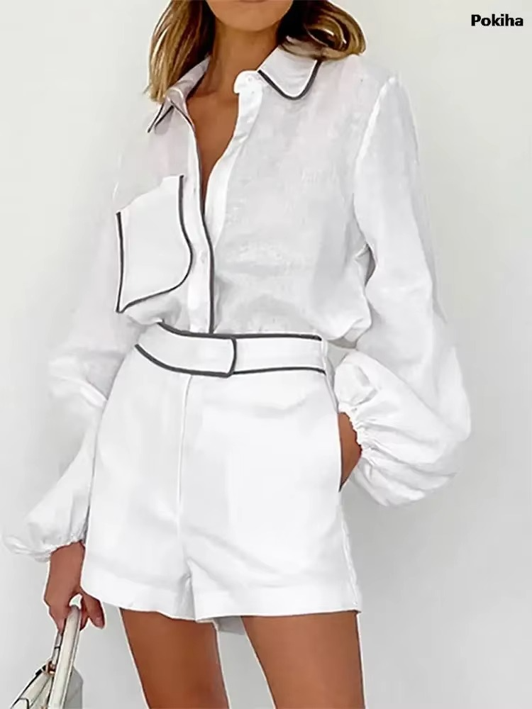 Conjunto de Shorts Loren Feminino Camisa em Algodão e Linho com Shorts de Corte Reto