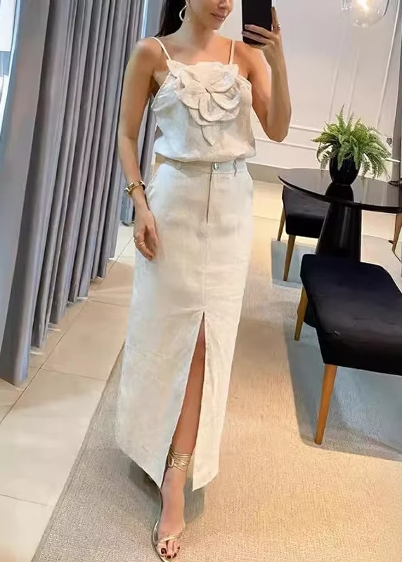 Conjunto de Saia Manuella Feminino Saia Longa e Blusa de Alças em Algodão e Linho