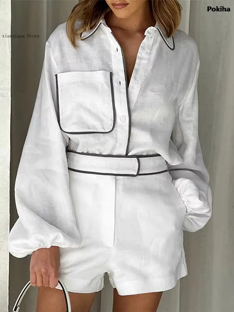 Conjunto de Shorts Loren Feminino Camisa em Algodão e Linho com Shorts de Corte Reto