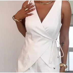 Conjunto de Shorts Helena Feminino Regata com Amarração e Shorts Casual de Verão