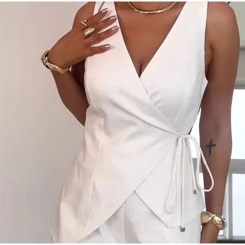 Conjunto de Shorts Helena Feminino Regata com Amarração e Shorts Casual de Verão