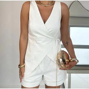 Conjunto de Shorts Helena Feminino Regata com Amarração e Shorts Casual de Verão