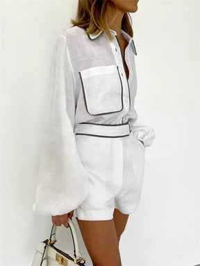 Conjunto de Shorts Loren Feminino Camisa em Algodão e Linho com Shorts de Corte Reto