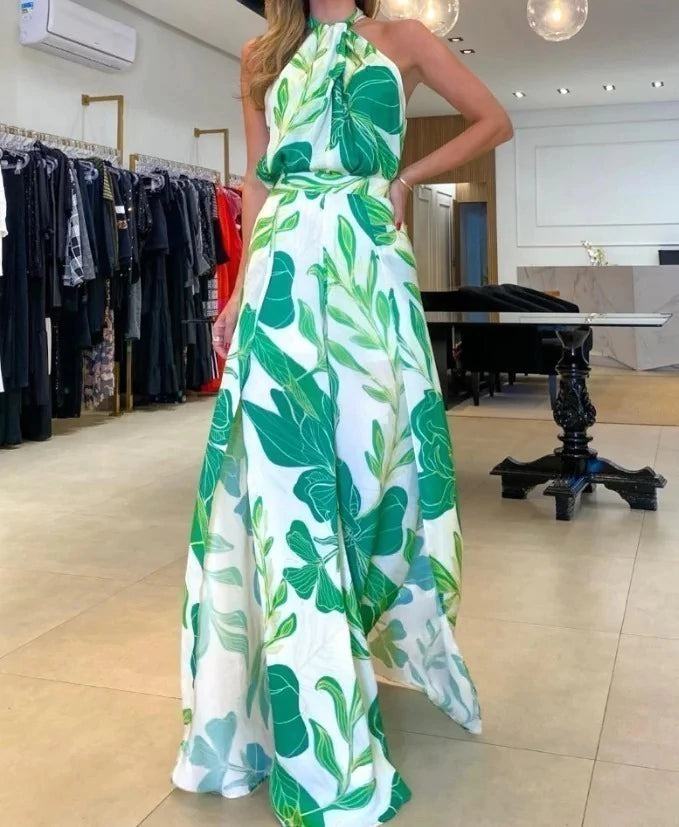 Conjunto de Calça Luna Top Halter e Calça Estampada de Folhagem Tropical  Estilo e Liberdade