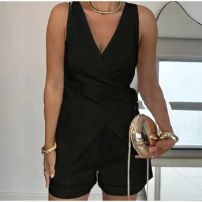 Conjunto de Shorts Helena Feminino Regata com Amarração e Shorts Casual de Verão