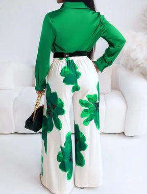 Conjunto de Calça Serena Camisa em Cetim com Calça Floral de Cintura Alta  Elegância com Toque Moderno