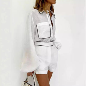 Conjunto de Shorts Loren Feminino Camisa em Algodão e Linho com Shorts de Corte Reto