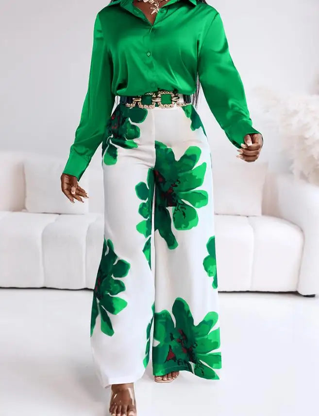 Conjunto de Calça Serena Camisa em Cetim com Calça Floral de Cintura Alta  Elegância com Toque Moderno