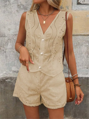 Conjunto de shorts Marcella Feminino Elegância Bordada com Ilhós Floral e Shorts de Verão