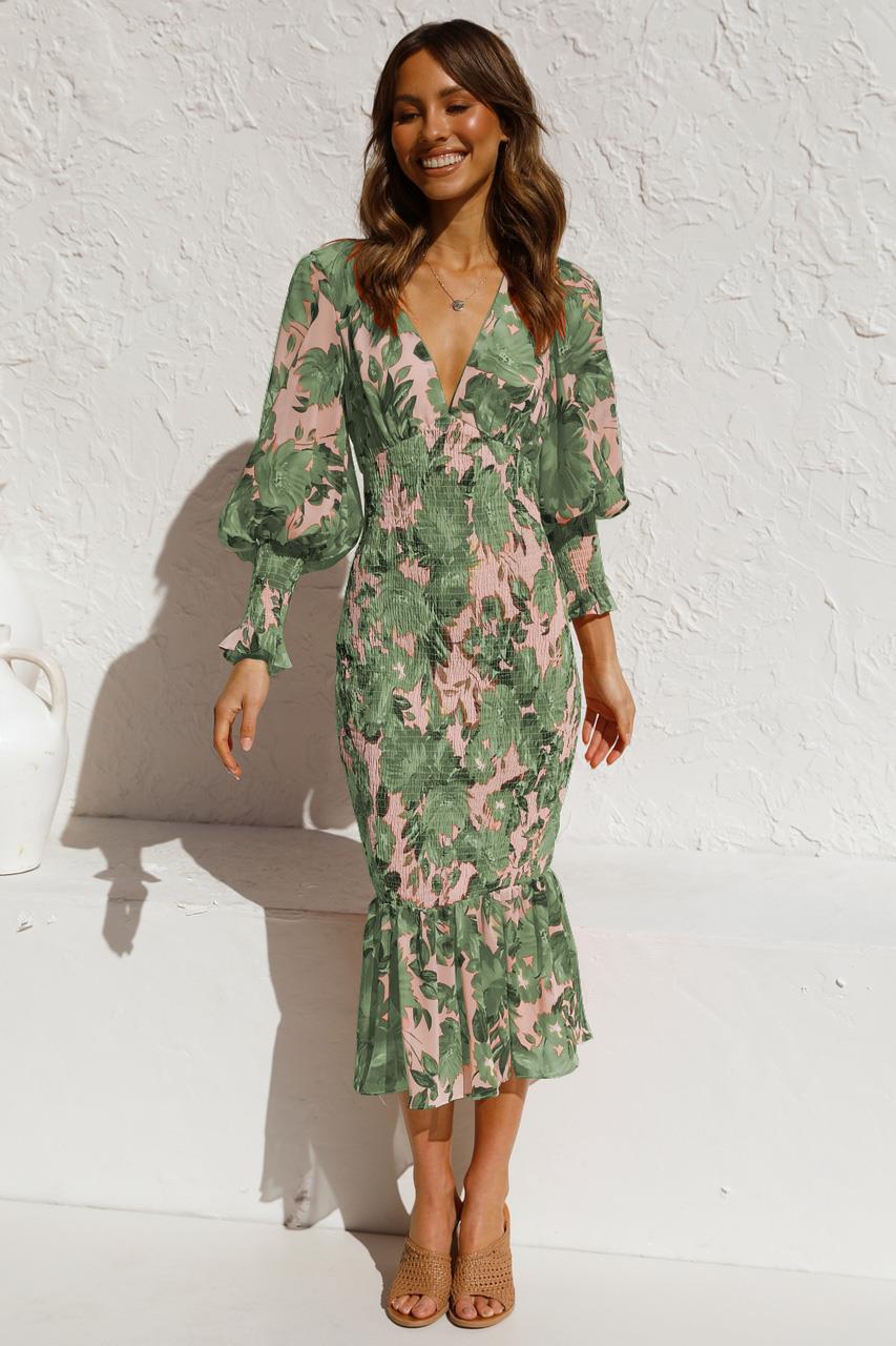 Vestido Midi Amarilis - Floral com Manga Longa Bufante e Babado na Barra – Feminilidade e Charme