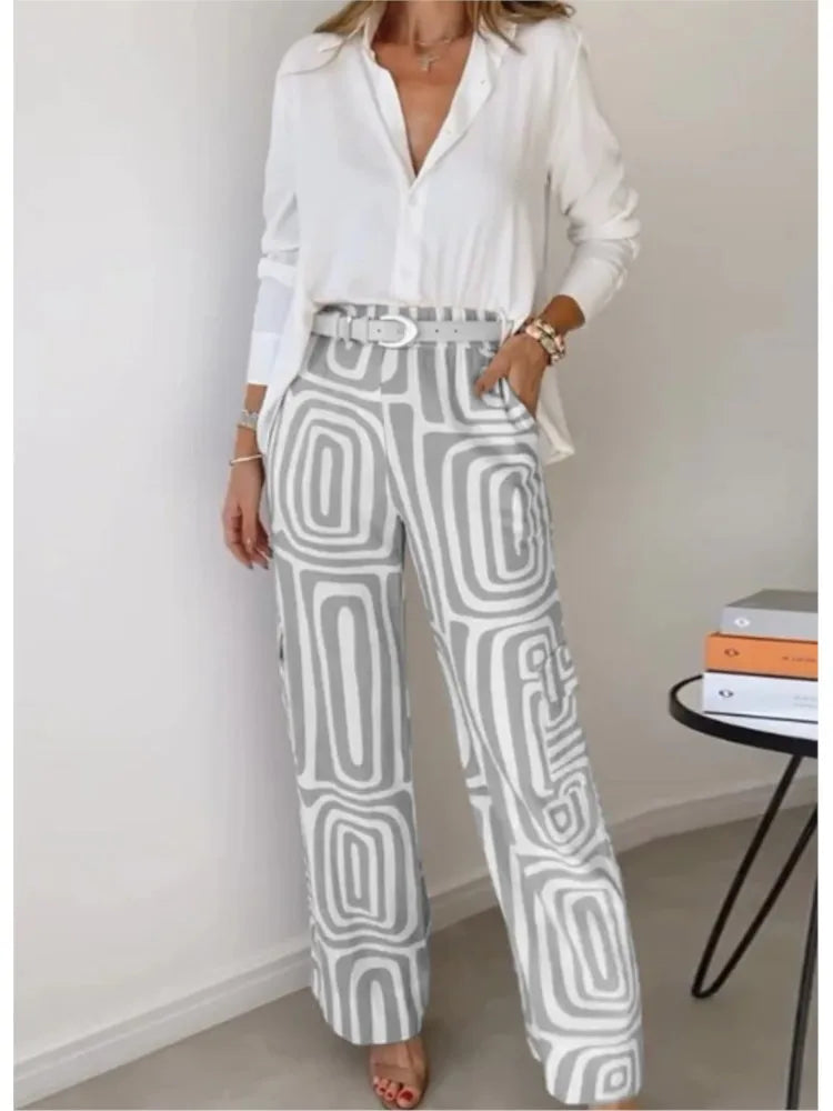 Conjunto de Calça Melina Camisa Branca com Calça de Estampa Geométrica Elegante