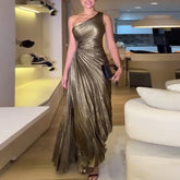 Vestido Longo Késsia Elegância Escultural em Dourado Metálico