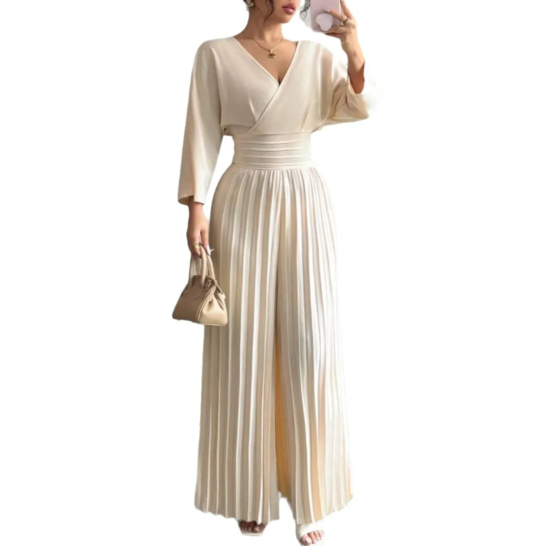 Macacão Cecília Feminino Plissado com Decote em V Elegância Suave e Movimento de Luxo