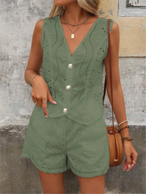 Conjunto de shorts Marcella Feminino Elegância Bordada com Ilhós Floral e Shorts de Verão