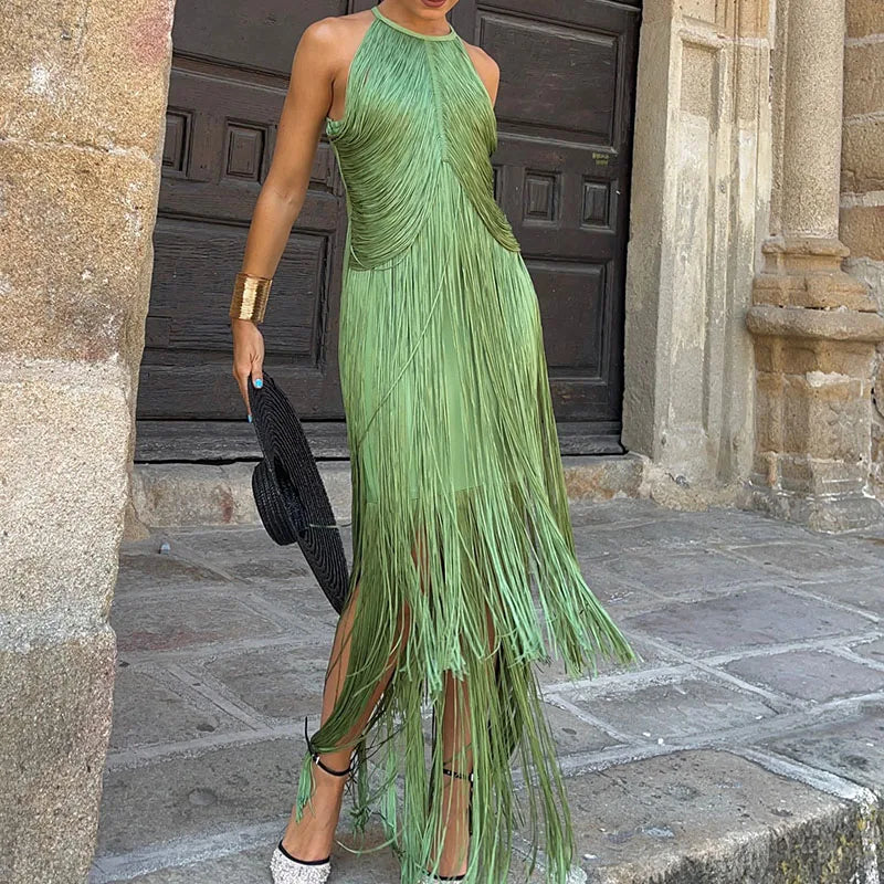 Vestido Longo Maitê o Movimento do Luxo em Cada Franja