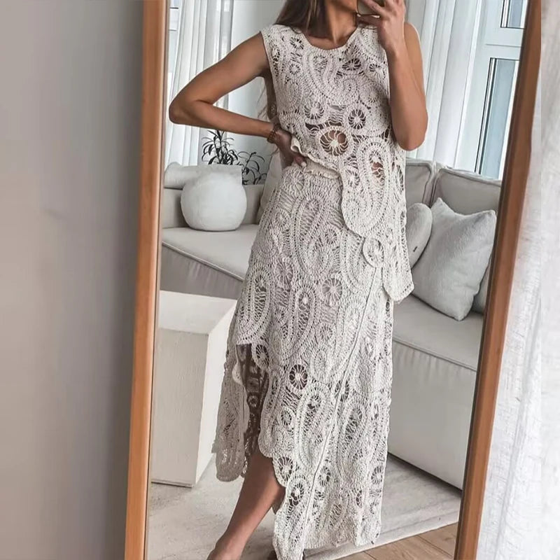 Conjunto de Saia Charlotte Feminino de Crochê Rendado Sofisticação e Charme Atemporal