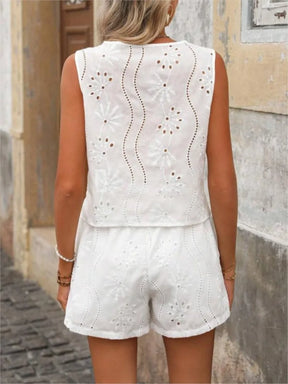 Conjunto de shorts Marcella Feminino Elegância Bordada com Ilhós Floral e Shorts de Verão