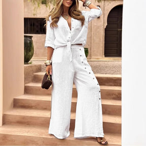 Conjunto de Calça Emanuelle Feminino Camisa Meia Manga em Algodão e Linho com Calça de Botões Laterais Luxo e Sofisticação