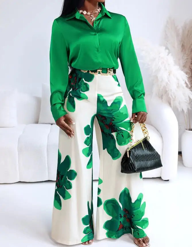 Conjunto de Calça Serena Camisa em Cetim com Calça Floral de Cintura Alta  Elegância com Toque Moderno