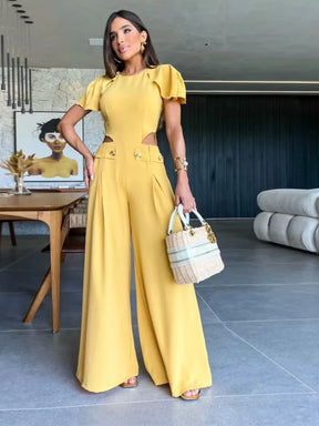 Macacão Francesca Feminino de Manga Borboleta e Botões Dourados – Sofisticação e Poder em Cada Detalhe