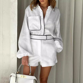 Conjunto de Shorts Loren Feminino Camisa em Algodão e Linho com Shorts de Corte Reto