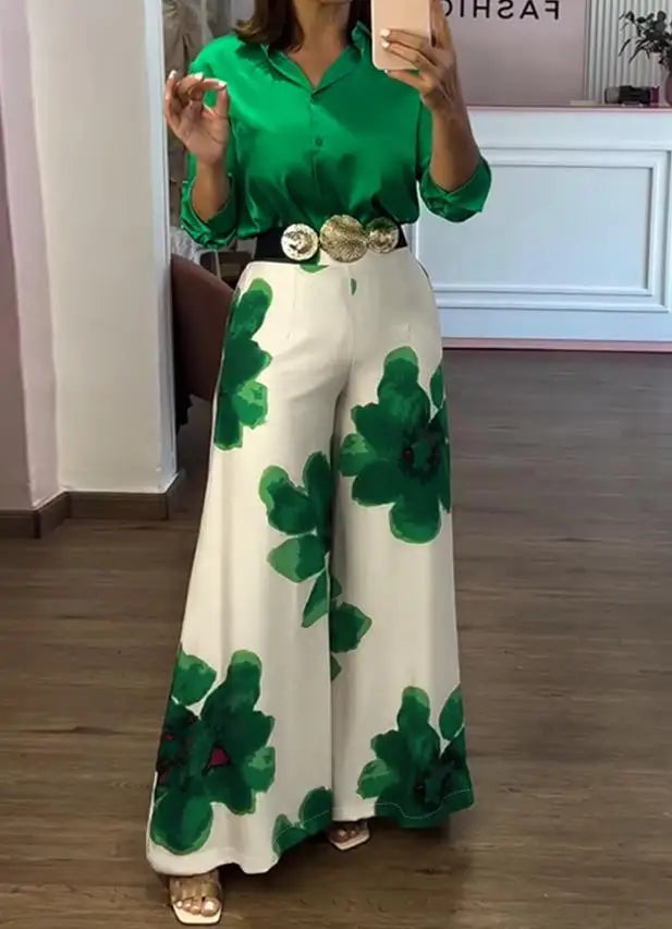 Conjunto de Calça Serena Camisa em Cetim com Calça Floral de Cintura Alta  Elegância com Toque Moderno
