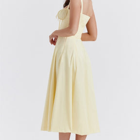 Vestido Midi Magnólia Corset com Decote Franzido e Saia Ampla – Elegância Atemporal