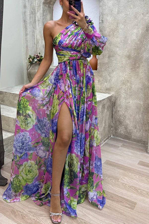 Vestido Longo Grazi - Estampado de Um Ombro Só com Fenda Lateral  Elegância e Movimento